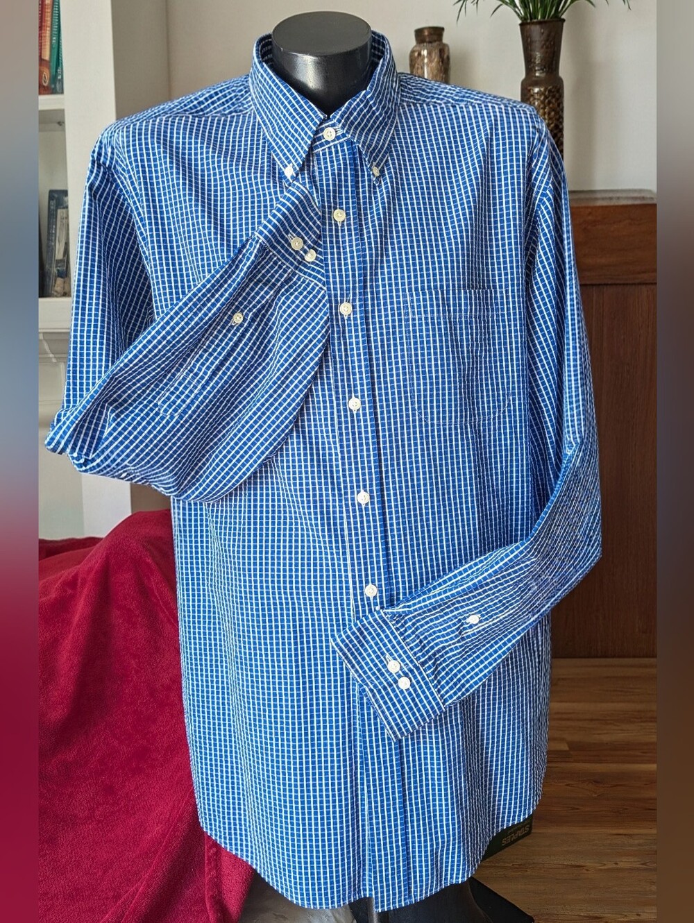 Brooks Brothers Blue White Checked All Cotton Button-Down Mens Shirt XL
